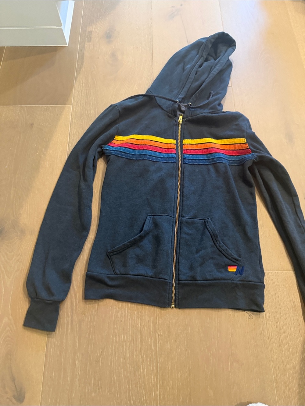 Aviator Nation Navy Zip Hoodie with Rainbow Chest Stripes